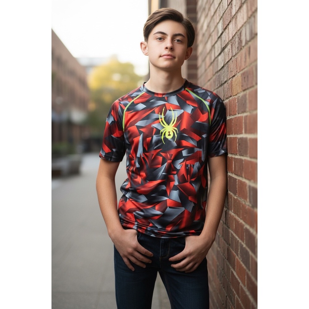 Spyder Boys Red Black Print Active T-Shirt Lime Logo Size L 14-16